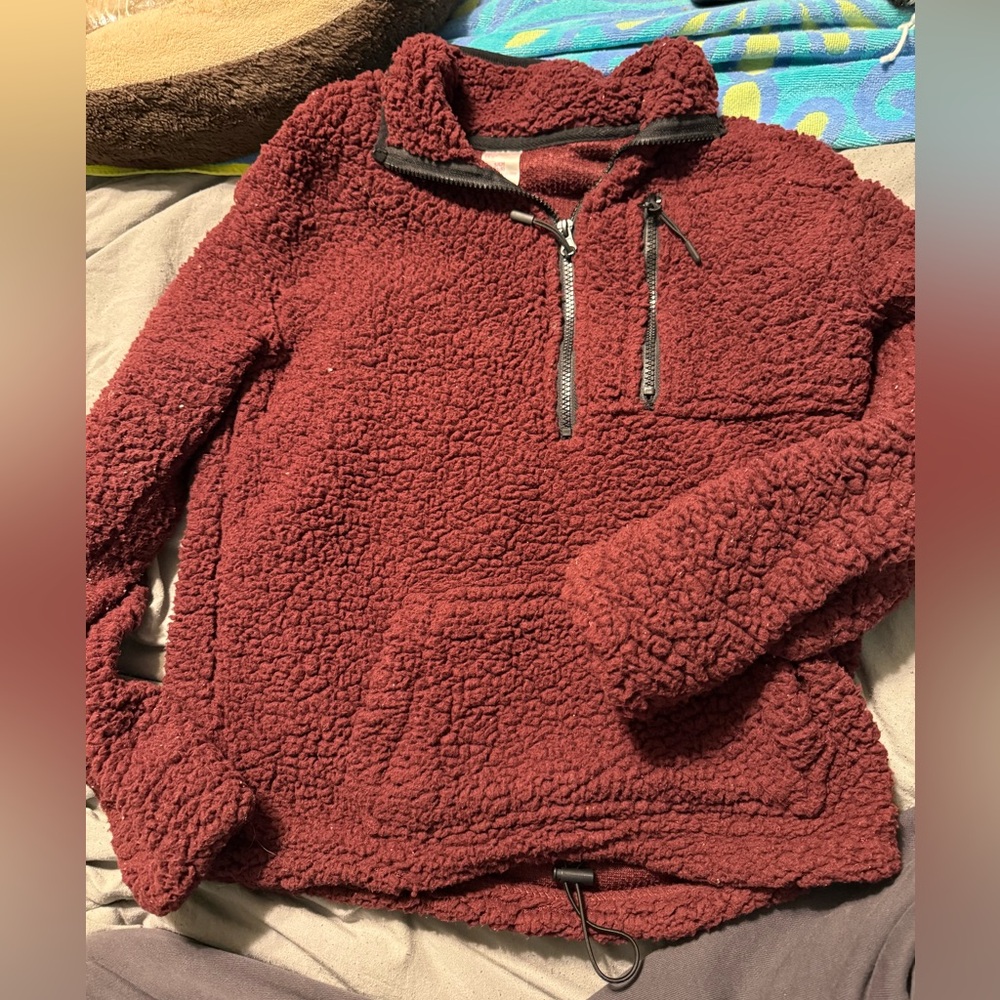 Teddy sherpa half zip up burgundy sweater jacket
